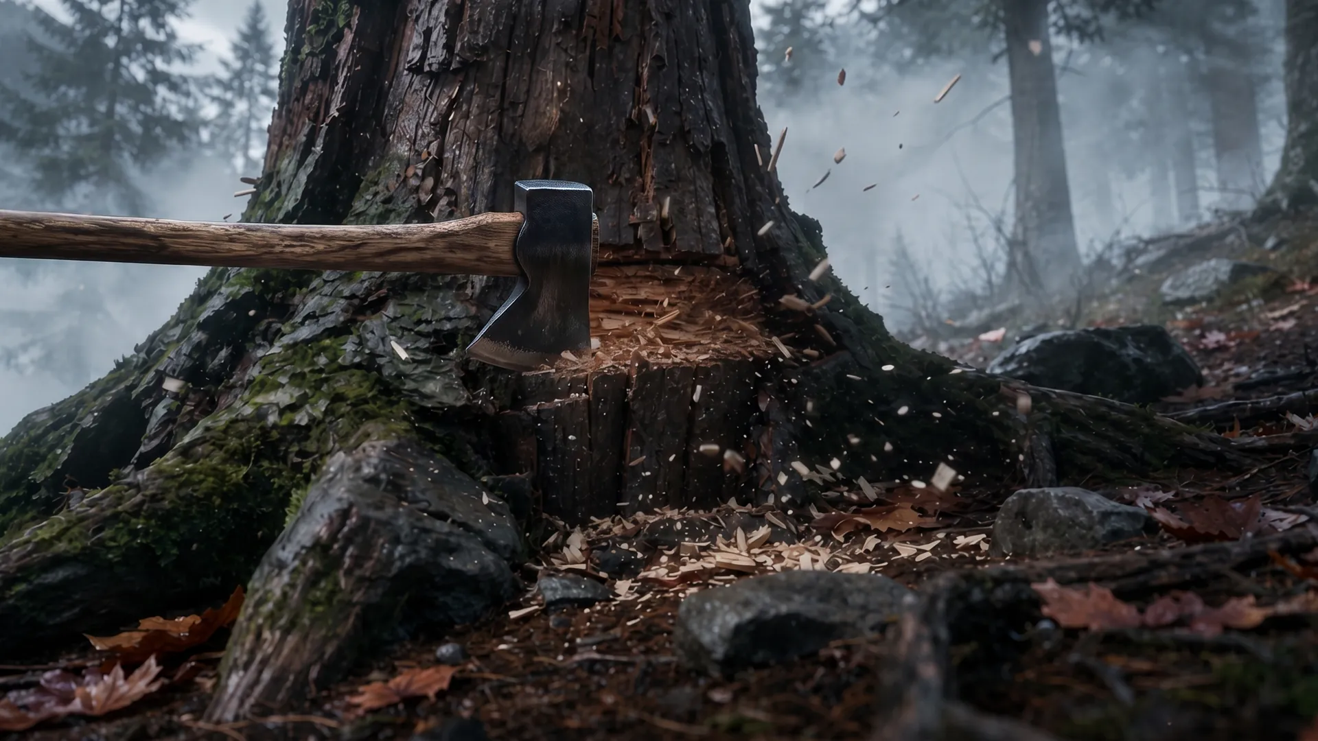 An axe buried in the trunk of a great oak in a misty forest.