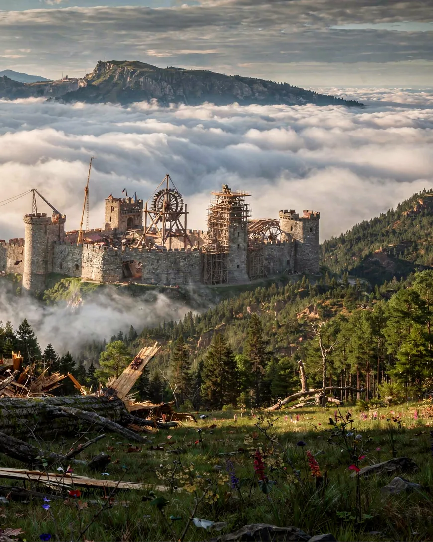 Felled timber on cleared ground, with a stone city rising above the clouds beyond it.