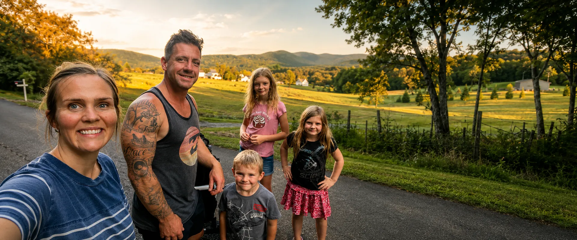 Jeremy Bundy with his wife and children on a country road at sunset, green hills behind them.