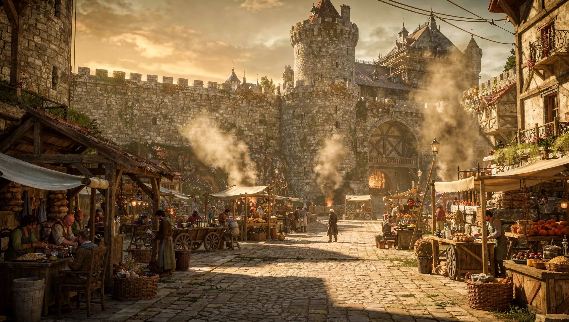 A busy market street inside a walled stone city in warm morning light: stalls, carts, workshops and people at work.
