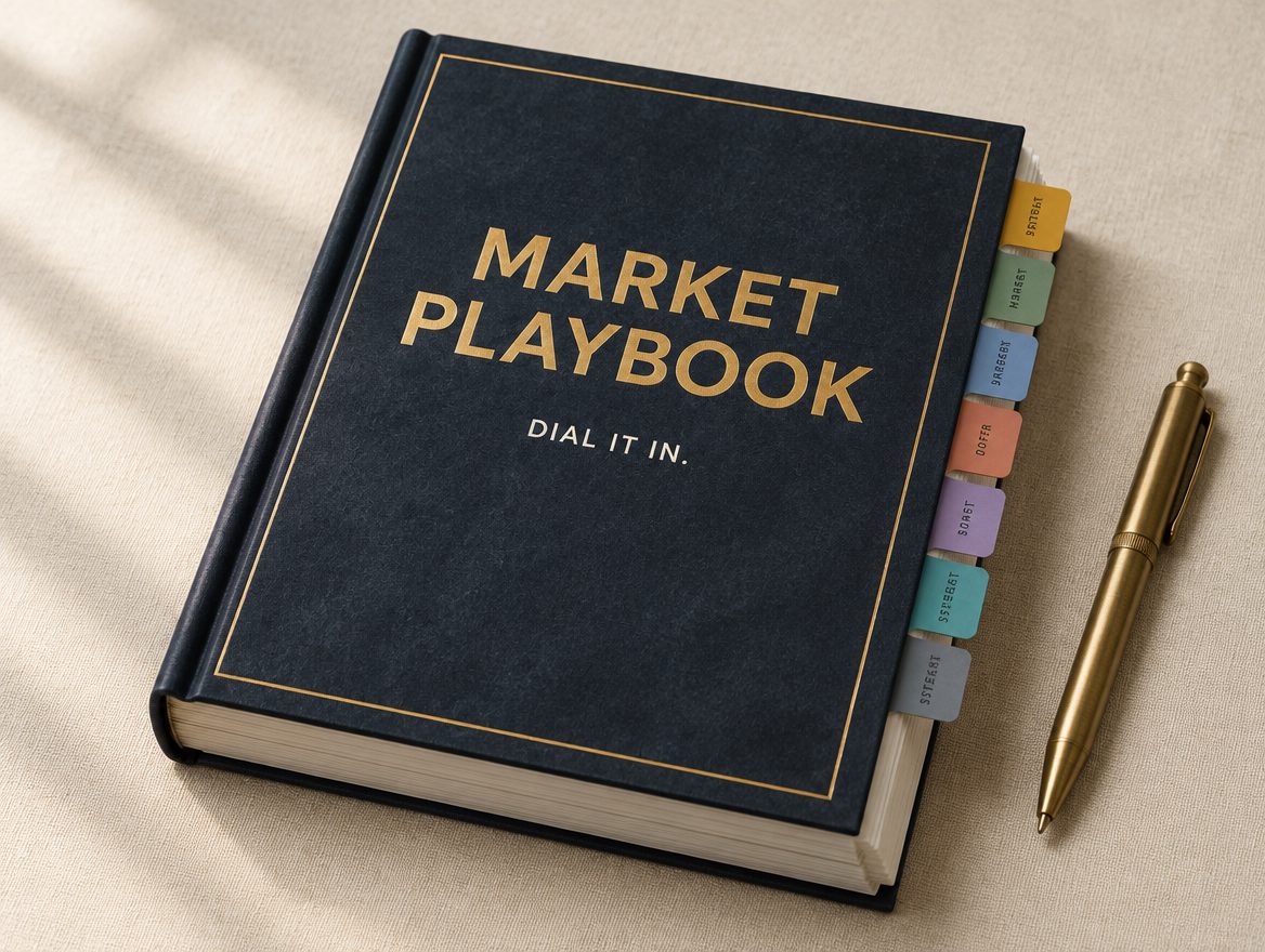 A navy hardcover Market Playbook with gold lettering and colour-coded section tabs